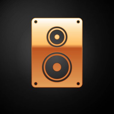 Siyah arka planda yalıtılmış Gold Stereo hoparlör simgesi. Ses sistemi hoparlörleri. Müzik simgesi. Müzik sütun hoparlör bas ekipmanları. Vektör İllüstrasyonu