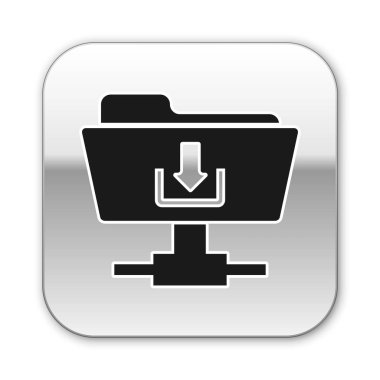 Beyaz arka planda Siyah Ftp klasör indirme simgesi. Yazılım güncelleştirme, transfer protokolü, yönlendirici, takım çalışması araç yönetimi, kopyalama süreci kavramı. Gümüş kare düğme. Vektör İllüstrasyonu