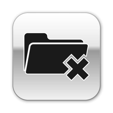 Beyaz arka planda yalıtılmış Siyah Sil klasör simgesi. Geri dönüşüm kutusu ile klasör. Silme veya hata klasörü. Bilgisayar bilgileri klasörü işaretini kapatın. Gümüş kare düğme. Vektör İllüstrasyonu