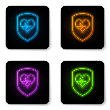 Parlayan neon Shield ve kalp atış hızı simgesi beyaz arka plan üzerinde izole. Sağlık koruma kavramı. Sağlık. Siyah kare düğme. Vektör İllüstrasyonu