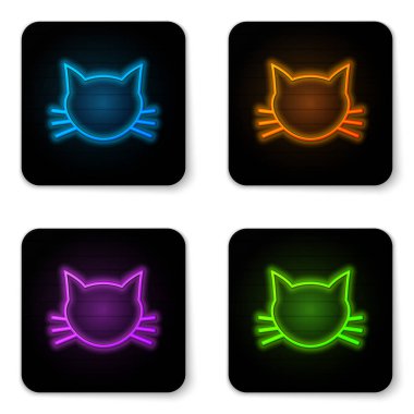 Beyaz arka planda yalıtılmış parlayan neon Cat simgesi. Siyah kare düğme. Vektör İllüstrasyonu