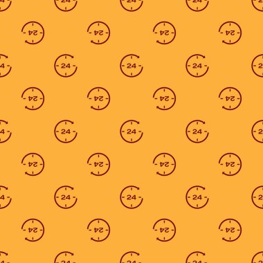 Kırmızı Saat 24 saat simgesi kahverengi arka plan üzerinde sorunsuz desen izole. Tüm gün döngüsel simge. 24 saat hizmet sembolü. Düz tasarım. Vektör İllüstrasyonu