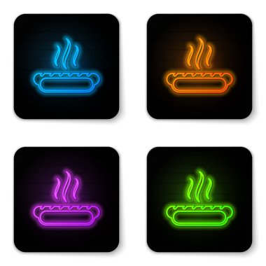 Beyaz arka plan üzerinde izole hardal simgesi ile Parlayan neon Hotdog sandviç. Sosis simgesi. Fast food işareti. Siyah kare düğme. Vektör İllüstrasyonu