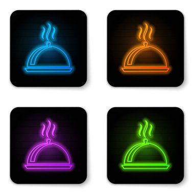 Parlayan neon beyaz arka plan üzerinde izole gıda simgesi bir tepsi ile kaplı. Tepsi ve kapak işareti. Kapaklı restoran cloche. mutfak sembolü. Siyah kare düğme. Vektör İllüstrasyonu