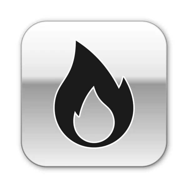 Black Fire flame icon isolated on white background. Heat symbol. Silver square button. Vector Illustration — Stock Vector