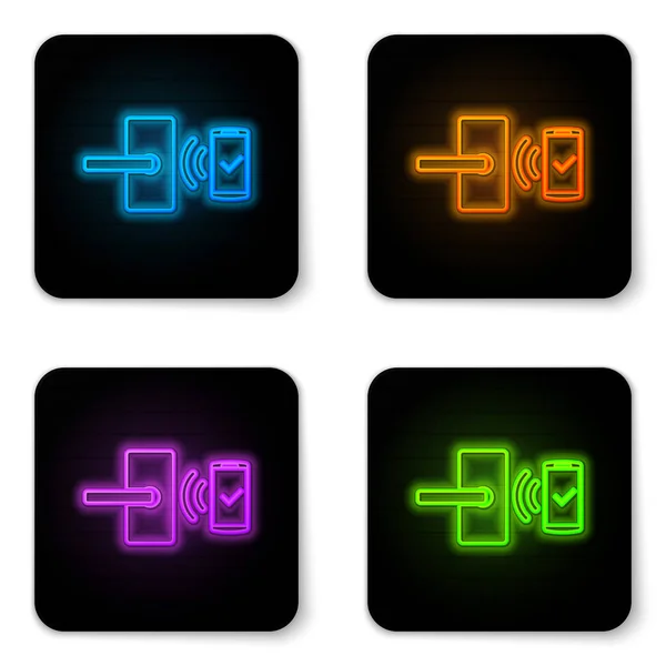 Glowing neon Digital door lock with wireless technology for unlock icon isolated on white background. Door handle sign. Security smart home of concept. Black square button. Vector Illustration — Stock Vector