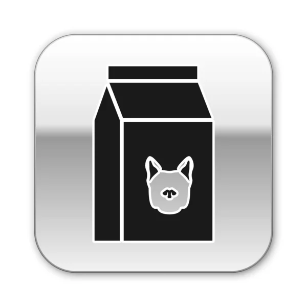 Saco preto de comida para o ícone do cão isolado no fundo branco. Comida para animais. Pacote de alimentos para animais. Botão quadrado de prata. Ilustração vetorial —  Vetores de Stock