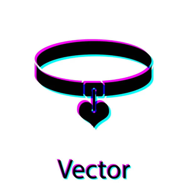 Collar negro con etiqueta de nombre e icono del corazón aislado sobre fondo blanco. Suministros simples para animales domésticos. Cuidado de gatos y perros. Cadenas para mascotas. Ilustración vectorial — Vector de stock