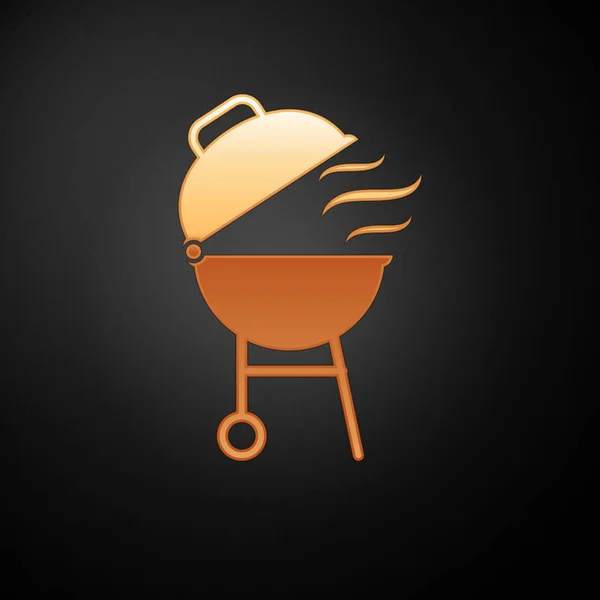 Gold icona griglia barbecue isolato su sfondo nero. Barbecue party. Illustrazione vettoriale — Vettoriale Stock