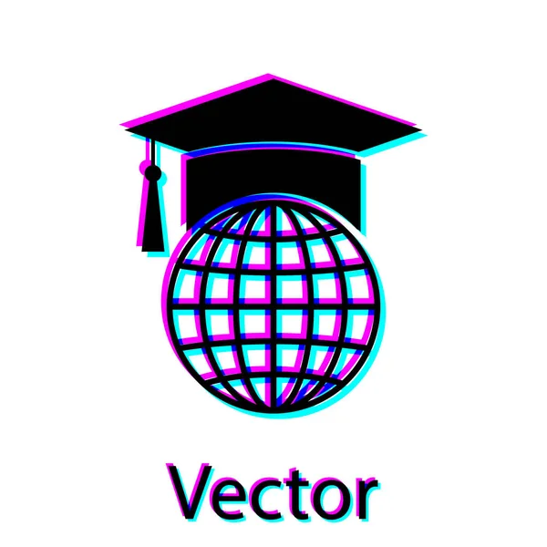 Gorra de graduación negra en el icono del globo aislado sobre fondo blanco. Símbolo de educación mundial. Concepto de aprendizaje en línea o aprendizaje electrónico. Ilustración vectorial — Vector de stock