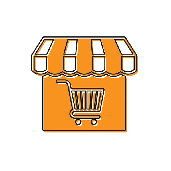 Orange Shopping building or market store with shopping cart icon isolated on white background. Shop construction. Supermarket basket symbol. Vector Illustration — Stock Vector