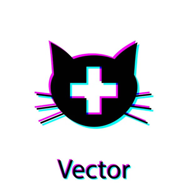 Черный символ ветеринарной клиники выделен на белом фоне. Крест с кошачьим ветеринаром. Знак "Скорая помощь для домашних животных". Векторная миграция — стоковый вектор
