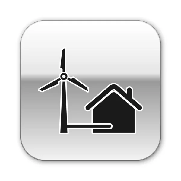 Casa Negra com turbina eólica para ícone de geração de energia elétrica isolada em fundo branco. Casa ecológica. Protecção do ambiente. Botão quadrado de prata. Ilustração vetorial — Vetor de Stock