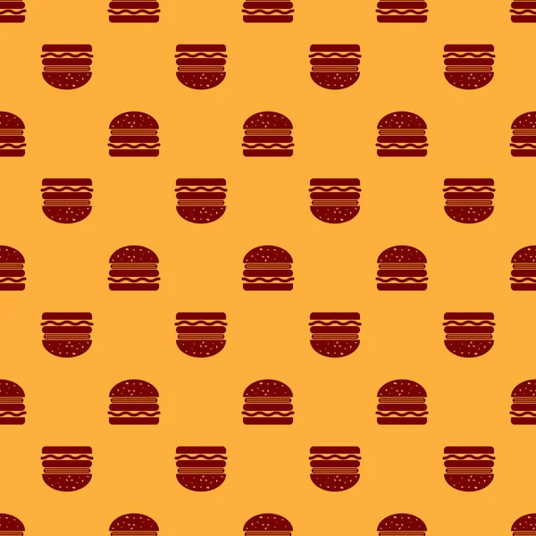 Red Burger icono aislado patrón sin costuras sobre fondo marrón. Icono de hamburguesa. Signo de sándwich de hamburguesa con queso. Ilustración vectorial — Vector de stock