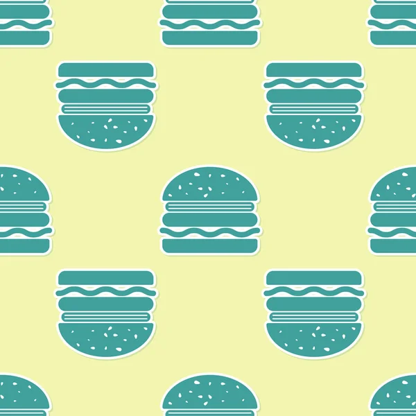 Icône Burger vert isolé motif sans couture sur fond jaune. Icône de hamburger. Cheeseburger sandwich signe. Illustration vectorielle — Image vectorielle