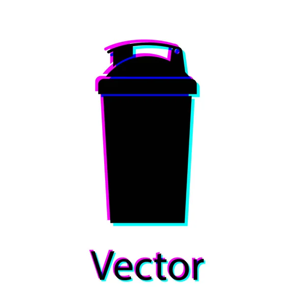 Black Fitness shaker ícone isolado no fundo branco. Garrafa de shaker esportivo com tampa para coquetéis de água e proteína. Ilustração vetorial — Vetor de Stock
