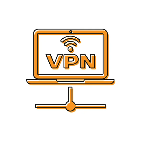 Orange VPN Ícone de rede do computador isolado no fundo branco. Rede de portáteis. Ligação à Internet. Ilustração vetorial — Vetor de Stock