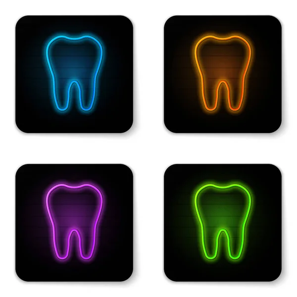 Glowing neon Tooth icon isolated on white background. Tooth symbol for dentistry clinic or dentist medical center and toothpaste package. Black square button. Vector Illustration — Stock Vector