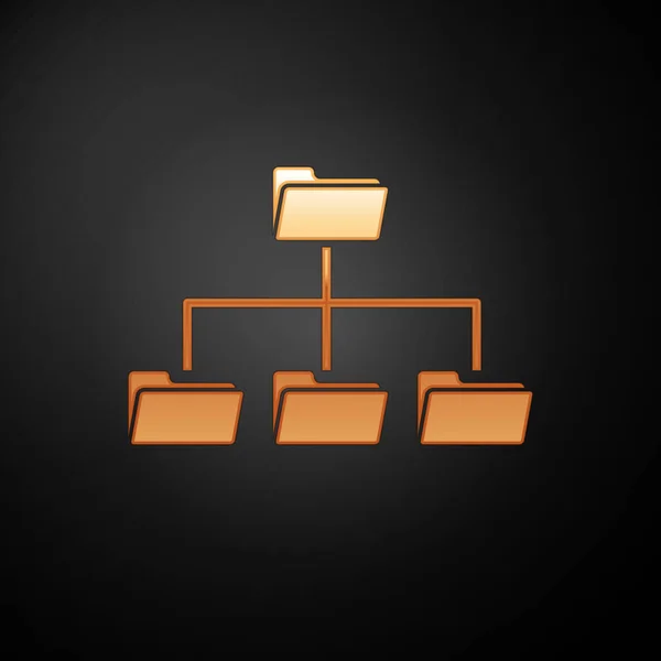 Siyah arka planda yalıtılmış Gold Klasör ağacı simgesi. Bilgisayar ağı dosya klasörü organizasyon yapısı akış şeması. Vektör İllüstrasyonu — Stok Vektör