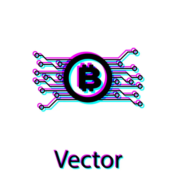 Criptomoeda preta conceito bitcoin em círculo com ícone de circuito de microchip isolado no fundo branco. Tecnologia Blockchain, mercado monetário digital. Ilustração vetorial — Vetor de Stock