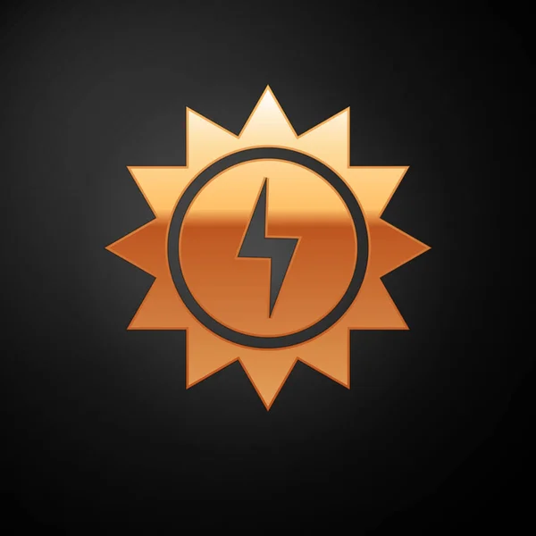 Altın Güneş enerji paneli simgesi siyah arka plan izole. Şimşek sembolü olan güneş. Vektör İllüstrasyonu — Stok Vektör