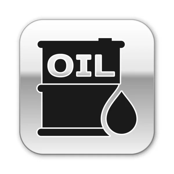 Icona barile olio nero isolato su sfondo bianco. Contenitore del tamburo. Per infografica, carburante, industria, energia, ecologia. Pulsante quadrato argento. Illustrazione vettoriale — Vettoriale Stock