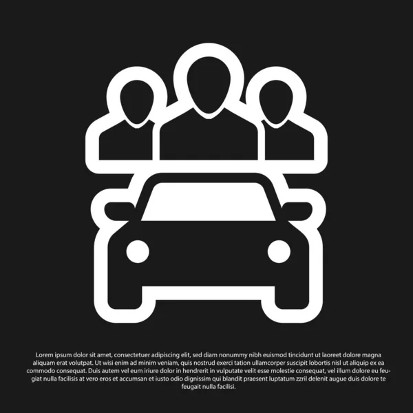 黑色汽车共享与一组人图标孤立在黑色背景。汽车共享标志。运输租赁服务理念。矢量插图 — 图库矢量图片