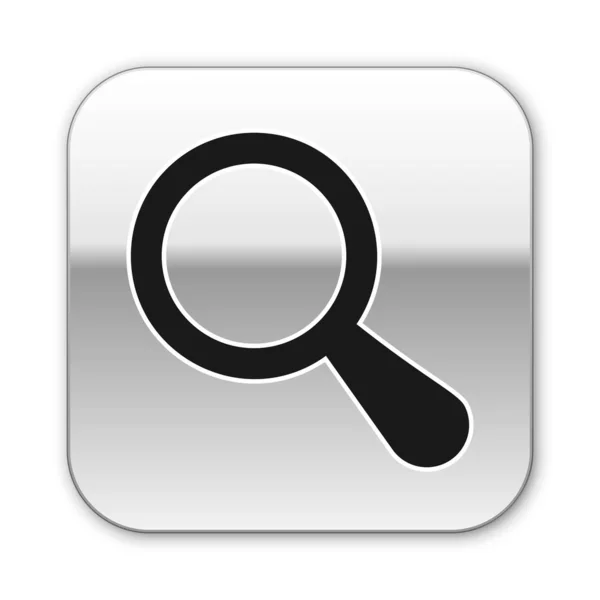 Icono de lupa negra aislado sobre fondo blanco. Búsqueda, enfoque, zoom, símbolo de negocio. Botón cuadrado plateado. Ilustración vectorial — Archivo Imágenes Vectoriales