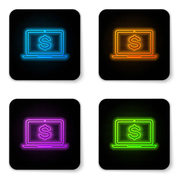 Leuchtender Neon-Laptop mit Dollar-Symbol auf weißem Hintergrund. Online-Shopping-Konzept. Sparkonzept. schwarzer quadratischer Knopf. Vektorillustration — Stockvektor