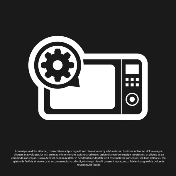 Black Microwave oven and gear icon isolated on black background. Adjusting app, service concept, setting options, maintenance, repair, fixing. Vector Illustration — Stock Vector