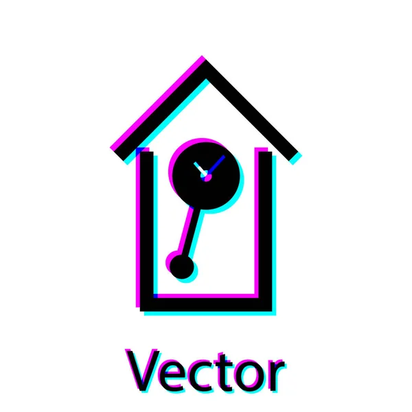 Negro Retro icono de reloj de pared aislado sobre fondo blanco. Signo del reloj de cuco. Reloj de péndulo antiguo. Ilustración vectorial — Vector de stock