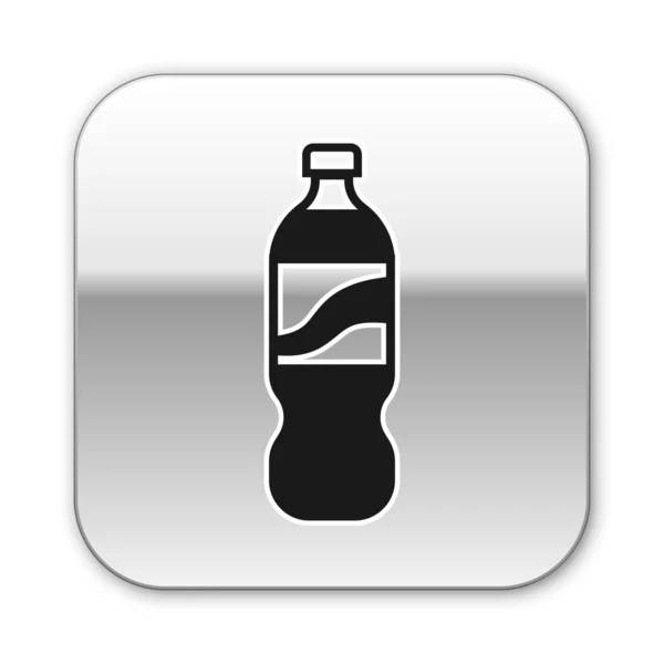 Bouteille d'eau noire icône isolée sur fond blanc. Soda aqua boisson signe. Bouton carré argenté. Illustration vectorielle — Image vectorielle