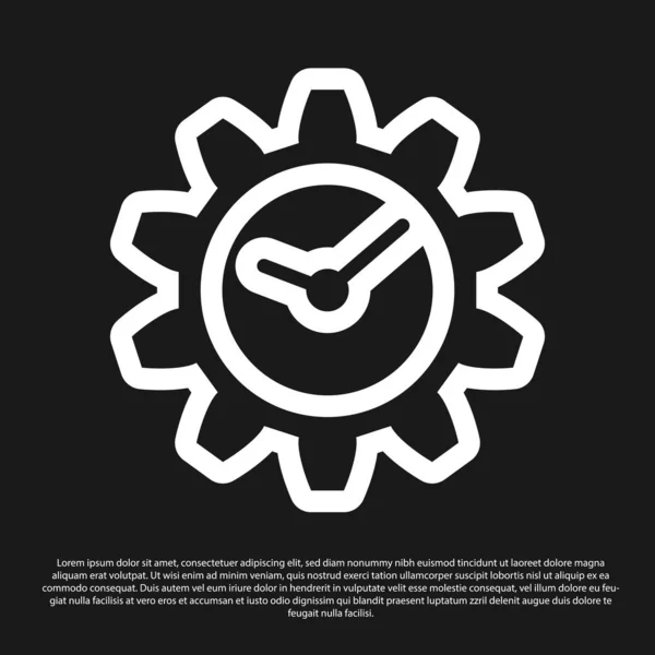 Icono de gestión del tiempo negro aislado sobre fondo negro. Señal de reloj y engranaje. Ilustración vectorial — Vector de stock