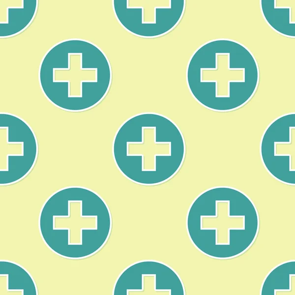 Croce medica verde in icona cerchio isolato modello senza soluzione di continuità su sfondo giallo. Simbolo medico di pronto soccorso. Design piatto. Illustrazione vettoriale — Vettoriale Stock