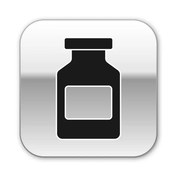 白い背景に隔離された黒い薬のボトルのアイコン。ボトルピルサイン薬局の設計。シルバーの正方形のボタン。ベクトルイラストレーション — ストックベクタ