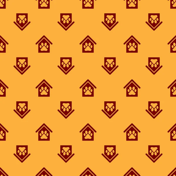 Red Dog house and paw print pet icon isolated seamless pattern on brown background. Canil de cão. Ilustração vetorial — Vetor de Stock