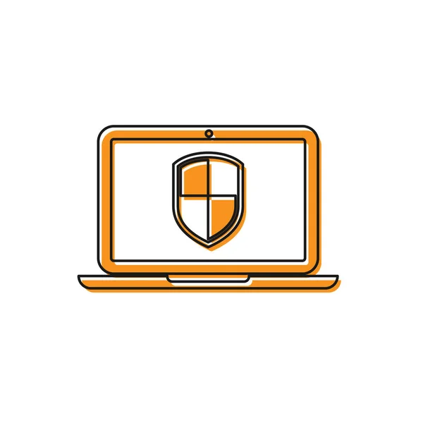 Portátil naranja protegido con icono de símbolo de escudo aislado sobre fondo blanco. Concepto de seguridad en Internet. Seguridad de PC, tecnología de firewall, seguridad de privacidad. Ilustración vectorial — Archivo Imágenes Vectoriales