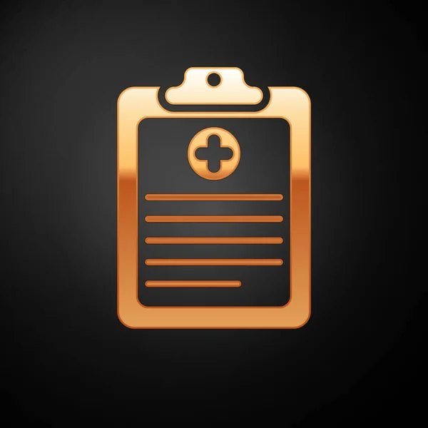 Gold Medical Clipboard with clinical record icon isolated on black background. Медицинская страховка. Документ: клиническая справка, рецепт, заключение медицинских проверок. Векторная миграция — стоковый вектор