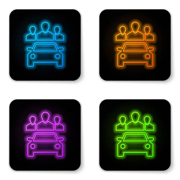 Świecące Neon dzielenie samochodów z grupą ludzi ikona izolowane na białym tle. Znak Carsharing. Koncepcja usługi wynajmu transportu. Czarny kwadrat przycisk. Ilustracja wektorowa — Wektor stockowy