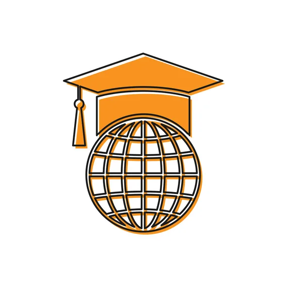 Tapa de graduación naranja en el icono del globo aislado sobre fondo blanco. Símbolo de educación mundial. Concepto de aprendizaje en línea o aprendizaje electrónico. Ilustración vectorial — Vector de stock
