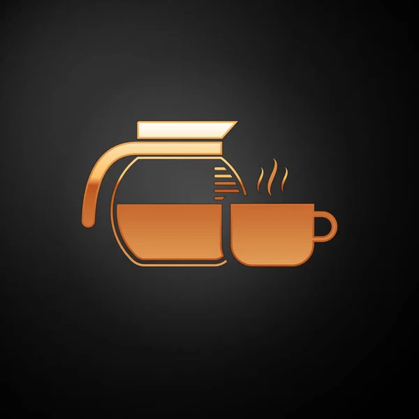 Gold Coffee pot with cup icon isolated on black background. Vector Illustration — Stock Vector