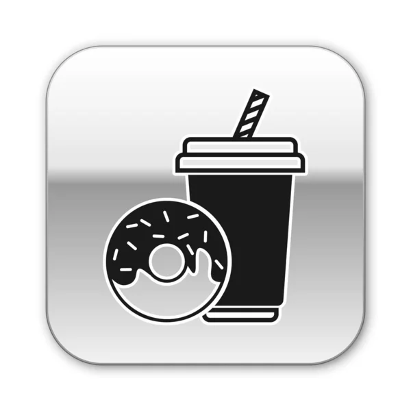 Bebida de refresco negro con paja para beber y donut icono aislado sobre fondo blanco. Un símbolo de comida rápida. Botón cuadrado plateado. Ilustración vectorial — Archivo Imágenes Vectoriales