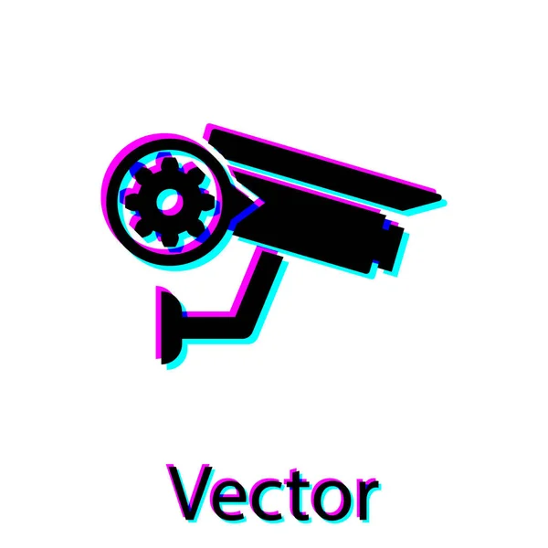 Icono de cámara y engranaje Black Security aislado sobre fondo blanco. Ajustar la aplicación, concepto de servicio, opciones de configuración, mantenimiento, reparación, fijación. Ilustración vectorial — Vector de stock