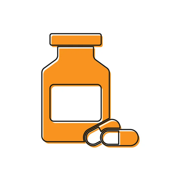 Orange Medicine butelka i ikona pigułki izolowane na białym tle. Tabliczka z tabletkami. Projekt apteki. Ilustracja wektora — Wektor stockowy