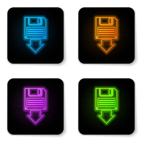 Glühende Neon-Diskette Backup-Symbol isoliert auf weißem Hintergrund. Diskettenzeichen. schwarzer quadratischer Knopf. Vektorillustration — Stockvektor