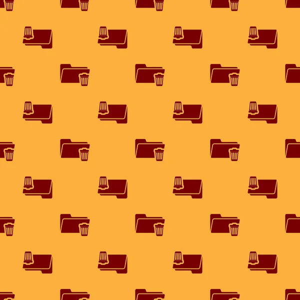 Rotes Löschen Ordnersymbol isoliert nahtlose Muster auf braunem Hintergrund. Ordner mit Papierkorb. Lösch- oder Fehlerordner. Computerinformationsordner schließen. flache Bauweise. Vektorillustration — Stockvektor
