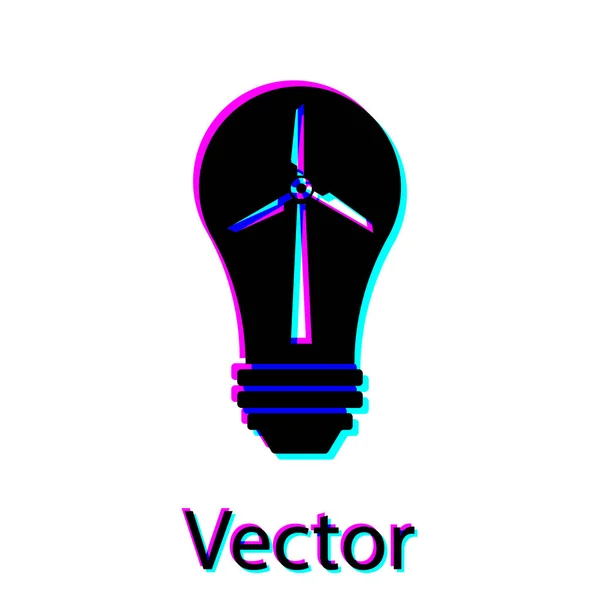 Svart glödlampa med vindkraftverk som idé om miljövänlig källa till energi ikonen isolerad på vit bakgrund. Alternativa energikoncept. Vektor illustration — Stock vektor