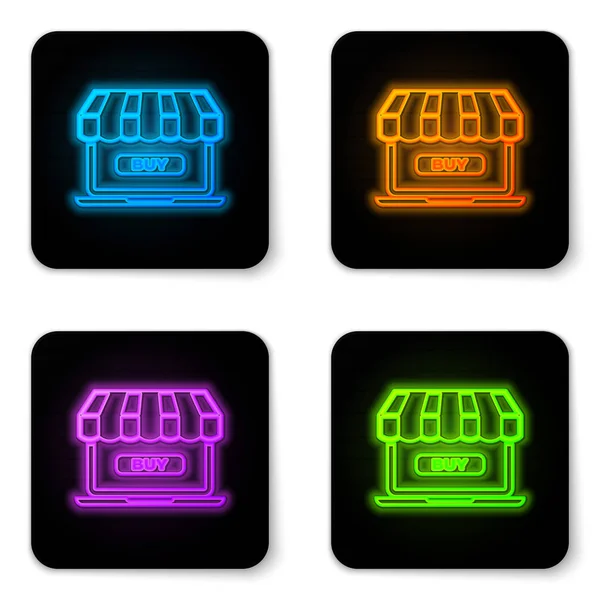 Glowing neon Online shopping concept. Buy on screen laptop icon isolated on white background. Concept e-commerce, e-business, online business marketing. Black square button. Vector Illustration — Stock Vector