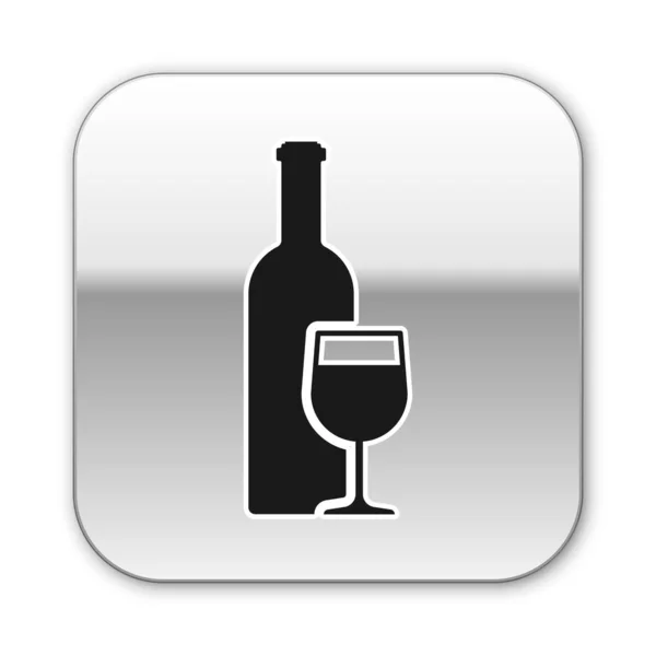 白い背景に隔離されたワイングラスのアイコンが付いたブラックワインボトル。シルバーの正方形のボタン。ベクトルイラストレーション — ストックベクタ