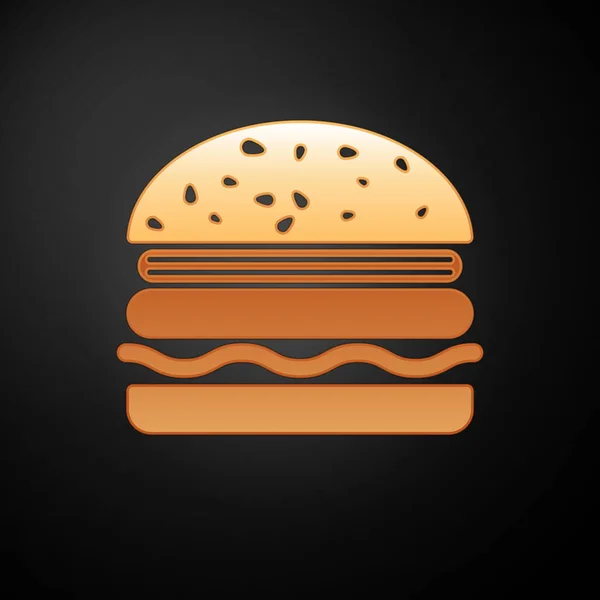 Gold Burger icon isolated on black background. Hamburger icon. Cheeseburger sandwich sign. Vector Illustration — Stock Vector